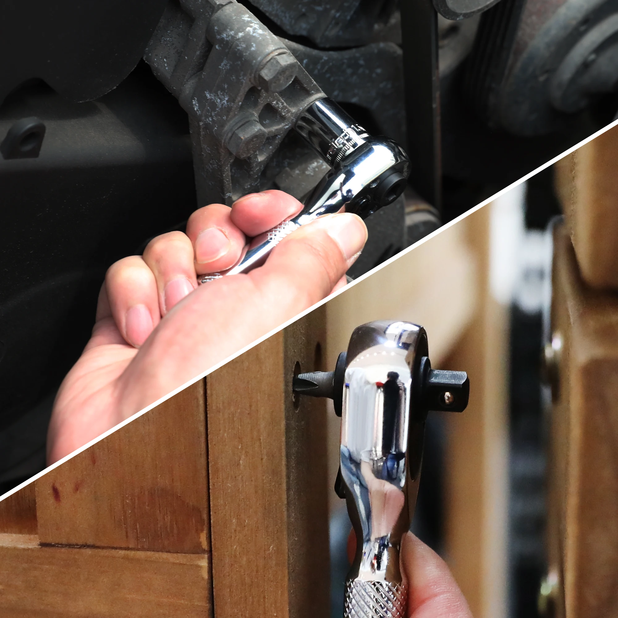 Duratech 2-in-1 Mini Dual Head Stubby Ratchet Handle 1/4'' Drive Finger Ratchet Spanner Two Screwdriver Bits Repair Hand Tool