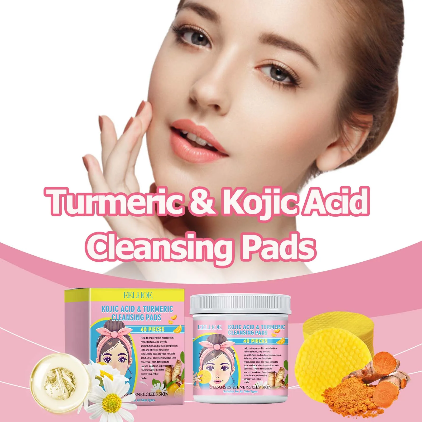 40 pçs cúrcuma ácido kójico almofadas de limpeza facial esfoliante removedor de limpeza poros sujeira hidratante diário rosto limpo cuidados com a pele