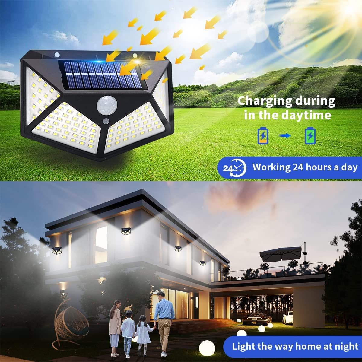 Solar Security Lamp Outdoor Garden Decor Waterproof Solar Powered 100 LED PIR Motion Sensor Spotlight for Yard & Pathway, Fence.