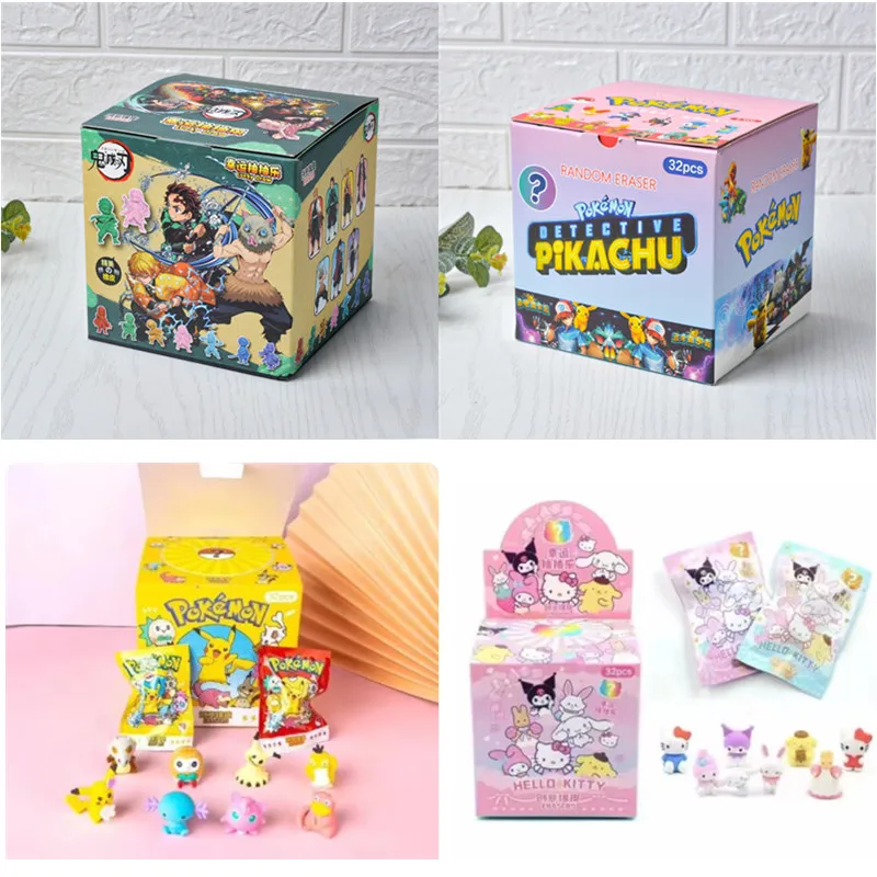 32 worek/pudło Anime Pokemon torba z niespodzianką gumka Kawaii Pikachu Model postaci lalka szkolne artykuły papiernicze Sanrio pudełko z niespodzianką zabawka dla