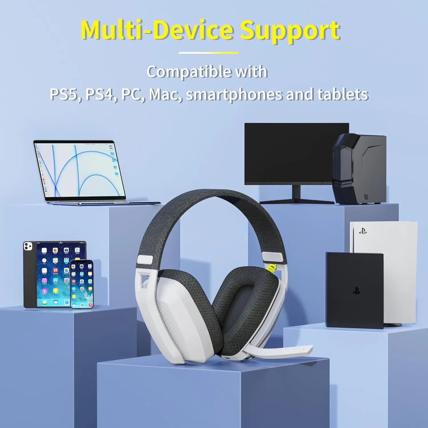 BINNUNE BW06 Cuffie da gioco wireless da 2,4 GHz con microfono per PS5 PS4 PC Mac Playstation Cuffie da gioco Bluetooth con microfono