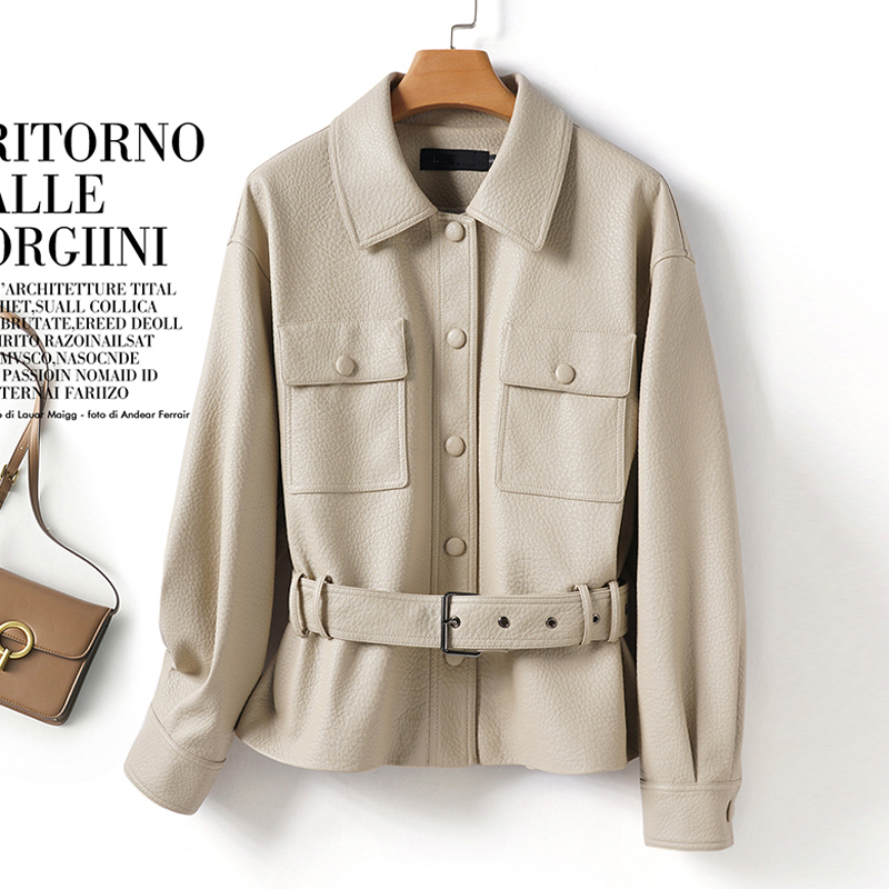 Mode Vrouwen Schapenvacht Korte Jassen Chic Single-breasted Lace-up Riem Vrouwelijke Lange Mouw Slim-fit Split lederen Jassen Tops