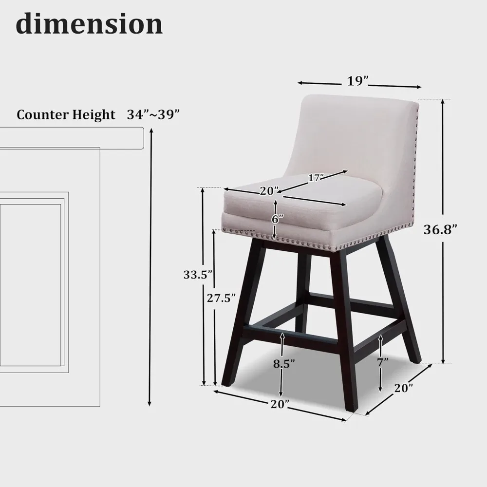 26 Inch Counter Height Bar Stools (Set of 2) - Modern Swivel Stools with Back, Oak Wood Legs for Kitchen Island