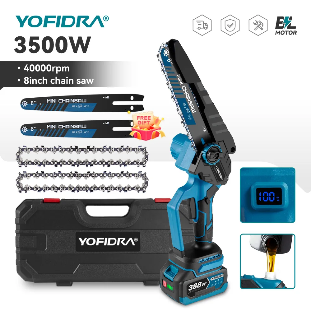 YOFIDRA Bürstenlose 8-Zoll-elektrische Astsäge Akku-Kettensäge Wiederaufladbare Holzbearbeitungssäge Elektrowerkzeug für Makita 18 V Akku
