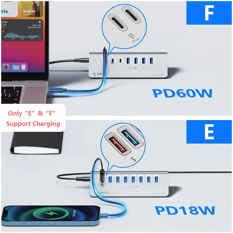 ORICO 10 Гбит/с USB 3.2 док-станция концентратор типа C разветвитель PD 60 Вт зарядный адаптер мульти 4/7 портов коммутатор для ПК ноутбук аксессуары