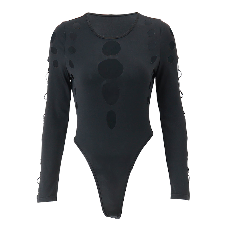 Xeemilo Sexy Dot Hollow Out Bodysuit Y2K Gothic Punk Lange Mouwen Bodycon T-shirt Vrouwen Herfst Streetwear Slanke Lijfje Body