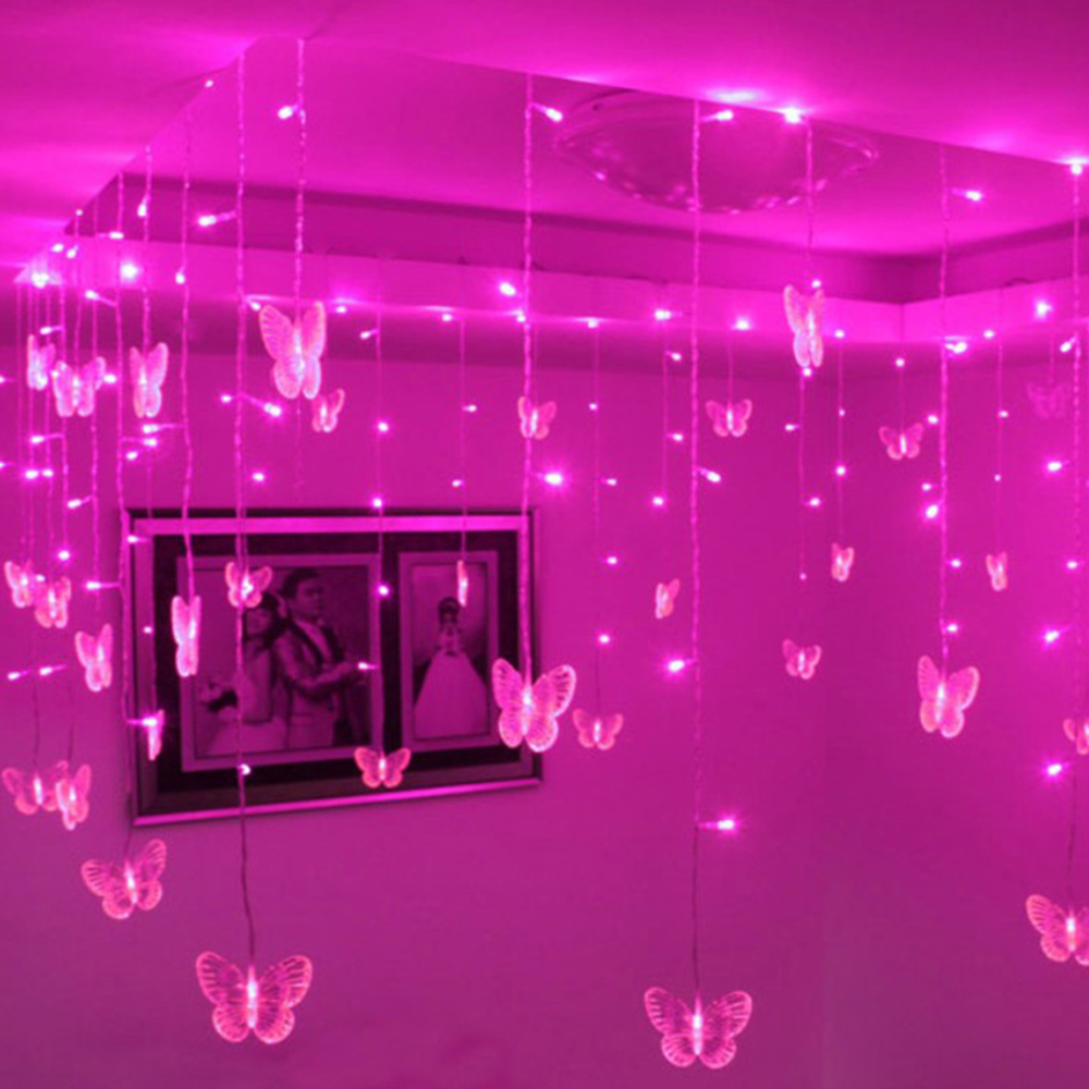 Guirnalda de mariposas LED rosa y morado, cortina de luces de hadas para habitación, sala de estar, hogar, decoración de boda, decoraciones para dormitorio