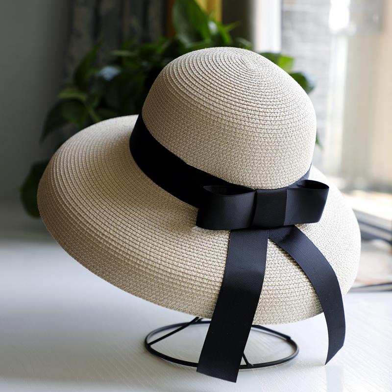 Retro Hepburn Black Internet Famous Straw Hat Sunshade Hat Sunscreen Beach Holiday Large Brim Women's Summer Sun Hat