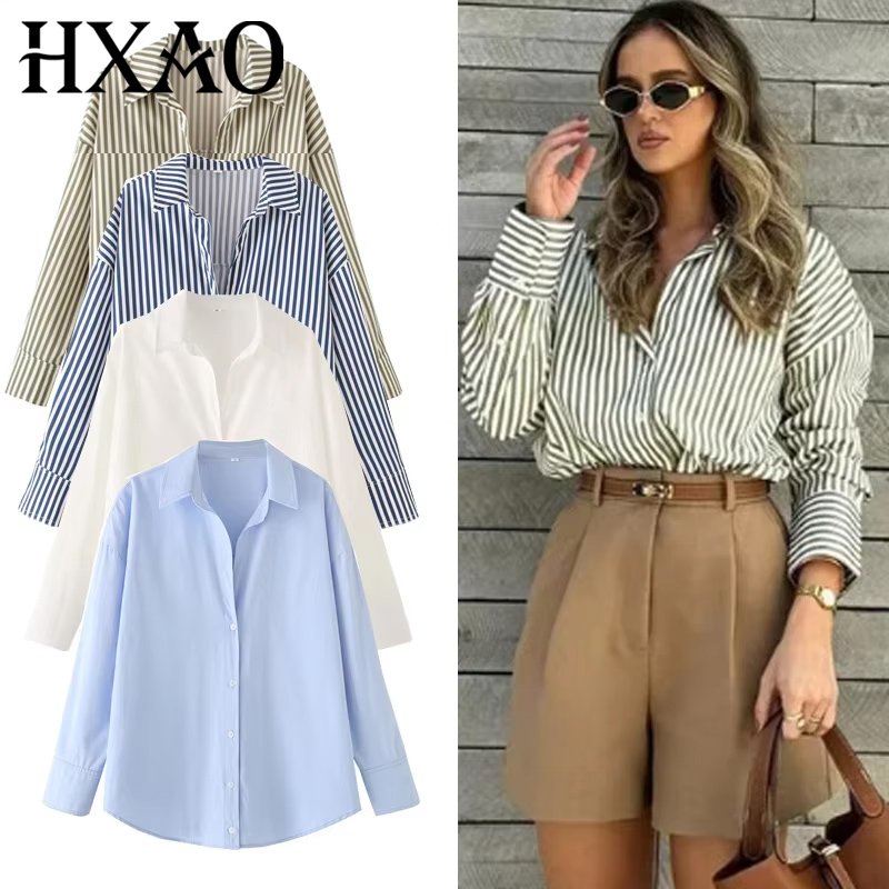 Hxao 2025 mulher blusas longas camisas listradas mulheres primavera verão manga longa azul branco camisa mulher grandes topos botão acima camisas