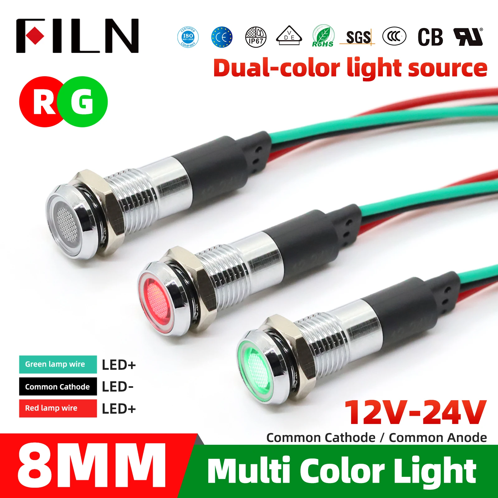 Filn 8mm duas cores bicolor vermelho e verde 6v 12v 24v 36v 48v 120v 220v luz indicadora de metal luz indicadora led com cabo de 20cm