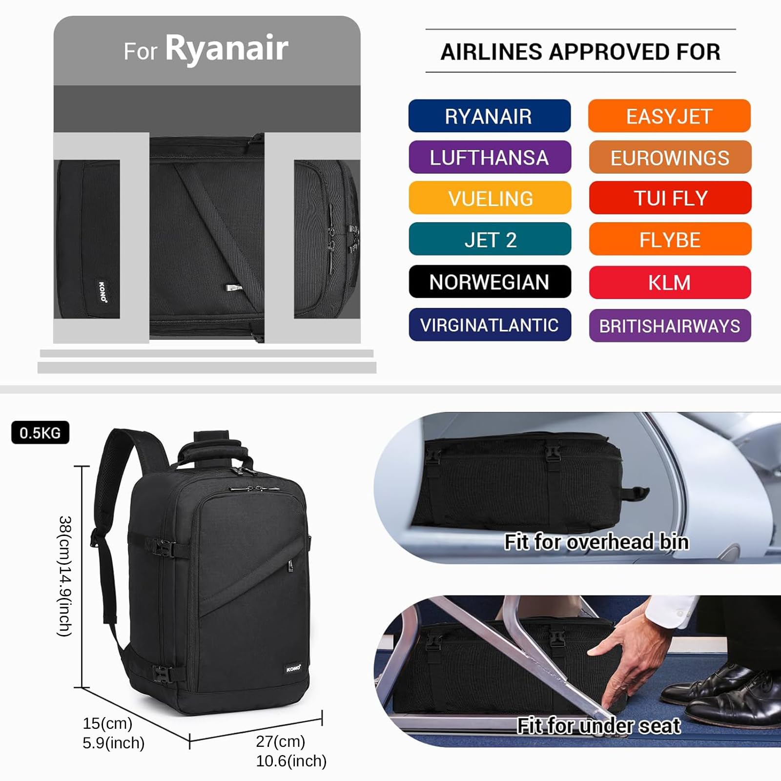 Kono-Sac de cabine noir minimaliste, bagage à main sous le siège, sac à dos pour Ryanair, taille cabine 20L, 40x20x25 cm