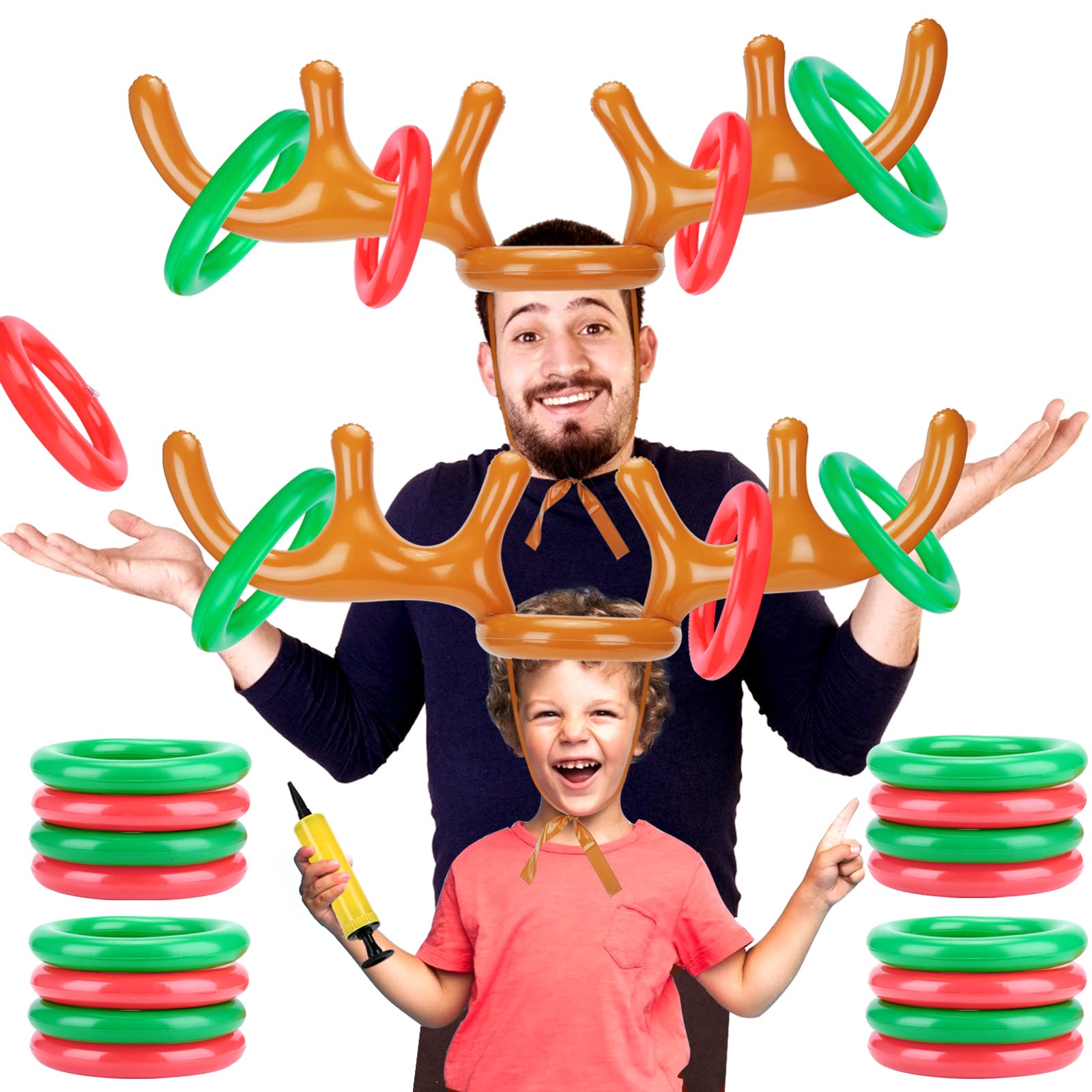 Juego de lanzamiento de anillo de asta de Reno inflable para Navidad, niños y adultos, recuerdos de fiesta familiar, lanzamiento de anillo para interiores y exteriores, juguetes de juegos de Navidad