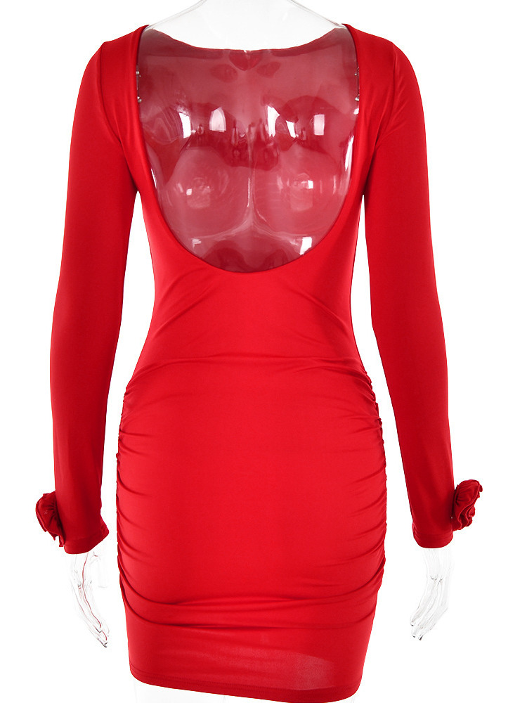Arctic Cat Herbst 2023 Langarm Enges Kleid Für Frauen Sexy Backless Bodycon Mini Kleid Falten Weibliche Party Club Abendkleid