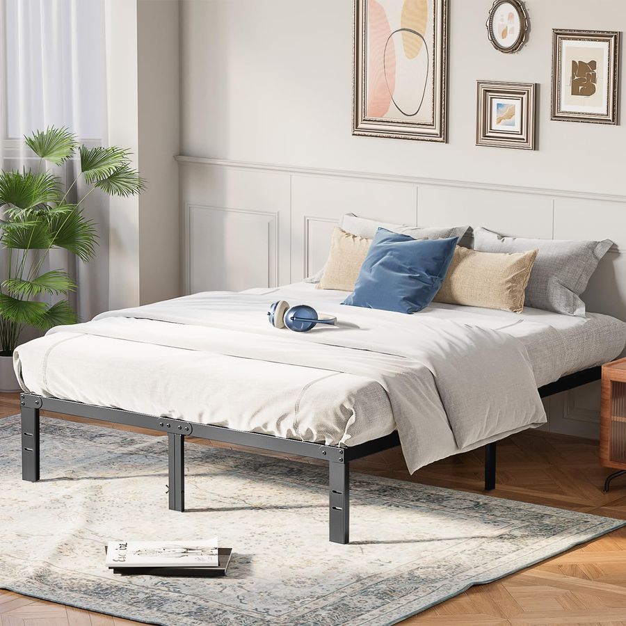 Metal Queen Bed Frame 14in High with Storage Space, No Box Spring Needed with Sturdy Steel Slat Support, 2200LBS Heavy Duty for