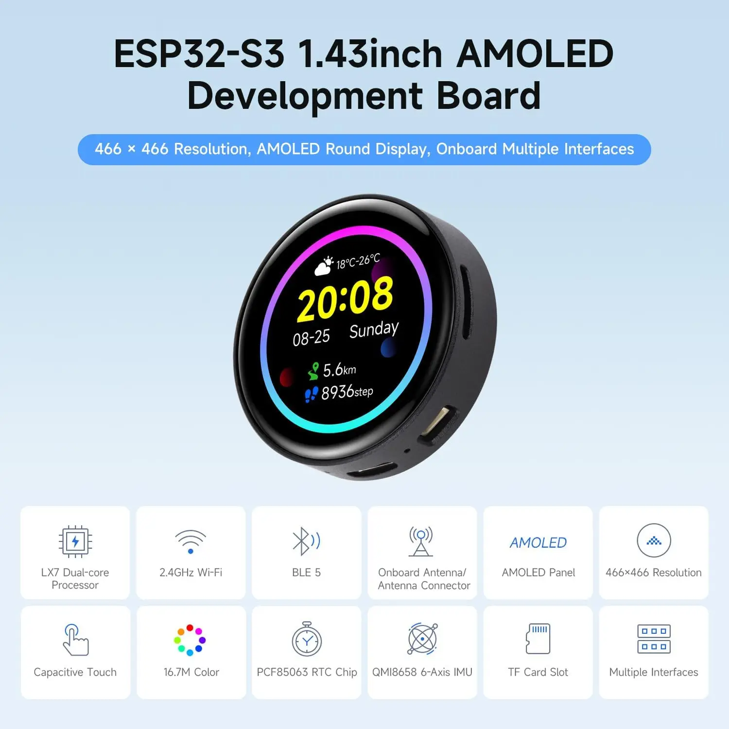 Waveshare ESP32-S3 1,43-дюймовый AMOLED сенсорный экран макетная плата 466x466 круглый дисплей ESP32 дисплей HMI LVGL GUI развитие