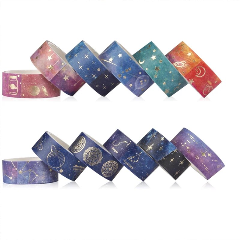 12pcs 골드 호일 별이 빛나는 하늘 Washi 테이프 세트-스크랩북, 공예 및 휴일 파티 장식을위한 프리미엄 접착 스티커