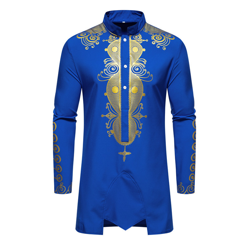 男性用アフリカンゴールドプリントTシャツセット,イスラム教徒のシャツセット,スタンドカラーの服,ドレス,トップス,パンツ,カジュアルスーツ,ファッショナブル