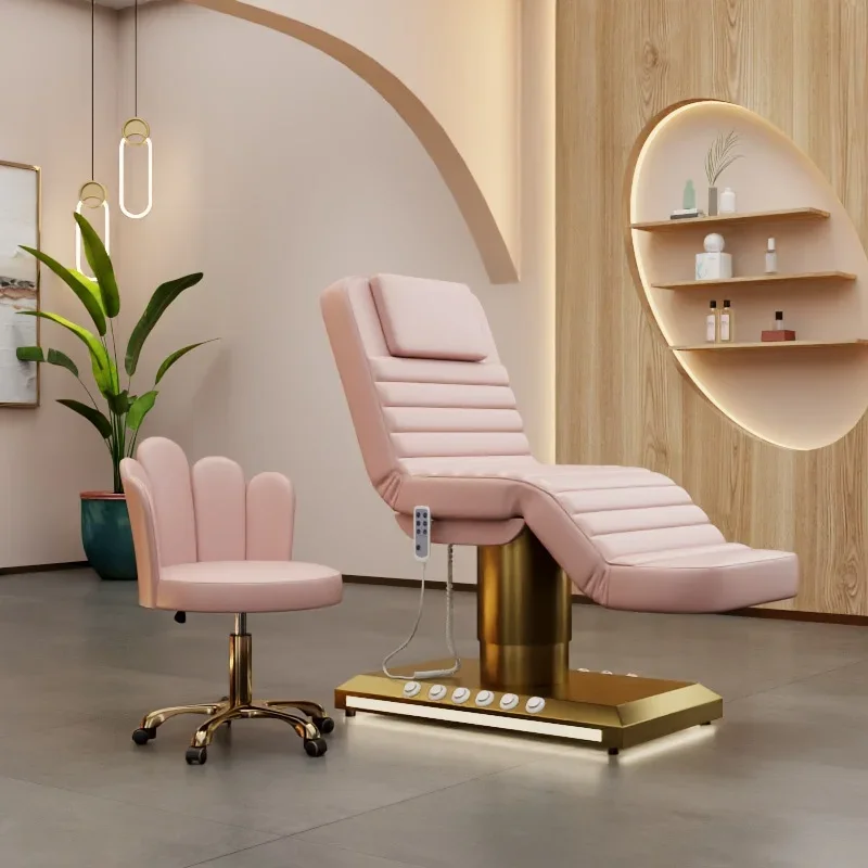 Letto di bellezza elettrico per salone di bellezza di lusso di vendita calda Letto per ciglia nere con base in acciaio inossidabile dorato a 3 motori in vendita
