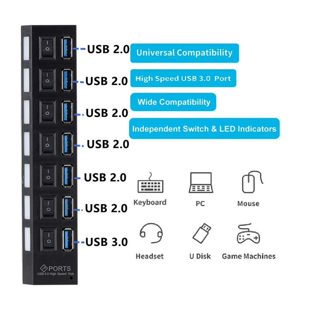 Hub USB 3,0, divisor de concentrador USB, concentrador Multi USB 3,0, divisor de concentrador de 4/7 puertos múltiples con adaptador de corriente, accesorios de ordenador Hub para PC