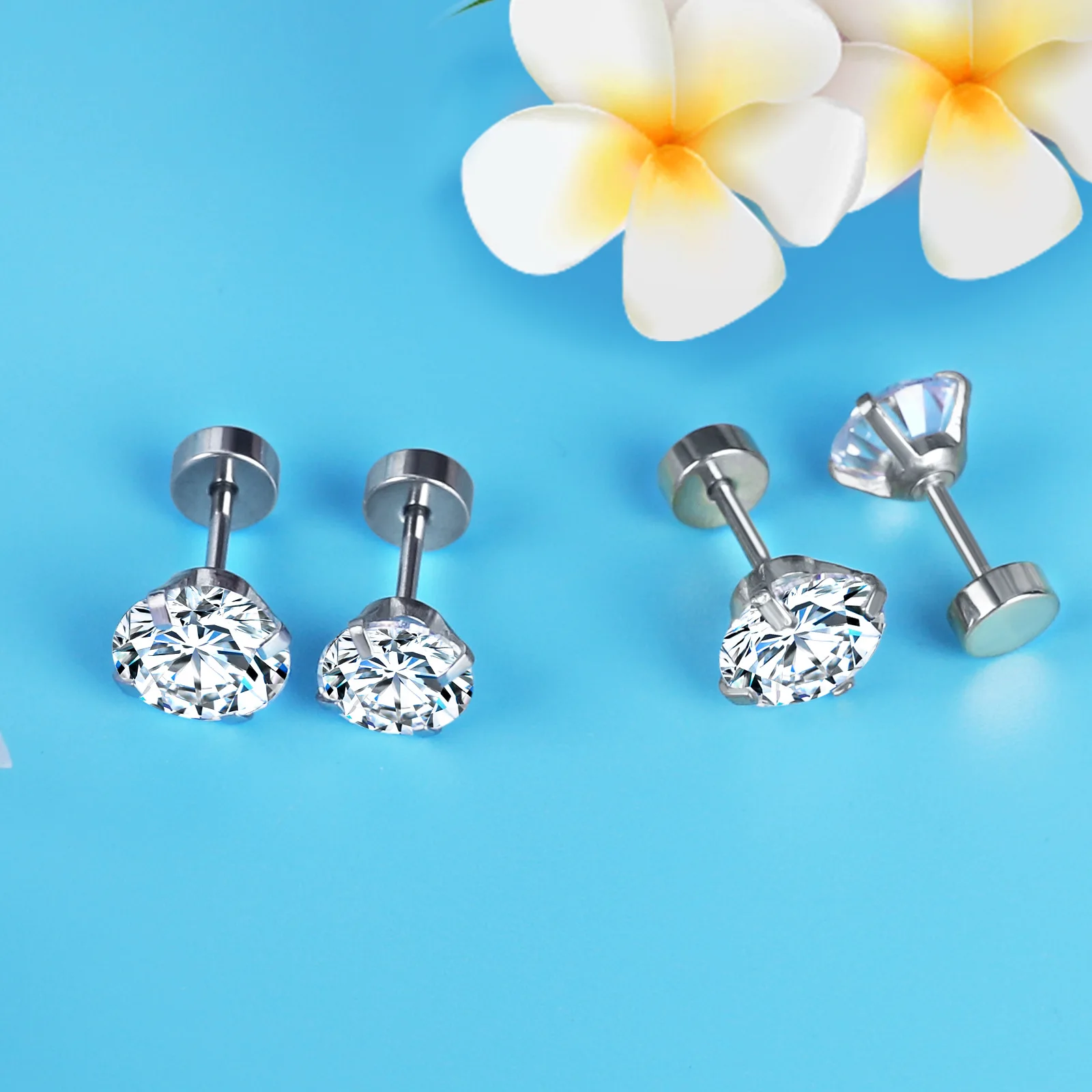 LUXUSTEEL 1 Đôi/2 Chiếc Inox Pha Lê Đính Bông Tai Dành Cho Nữ 4 Ngạnh Tragus Tròn Rõ Ràng Khối zirconia Tai Trang Sức