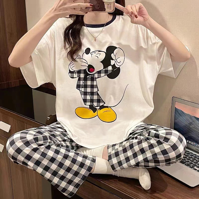 Disney dos desenhos animados mickey winnie neve pijamas brancos senhoras verão manga curta bonito calças finas meninas soltas pijamas homewear conjunto