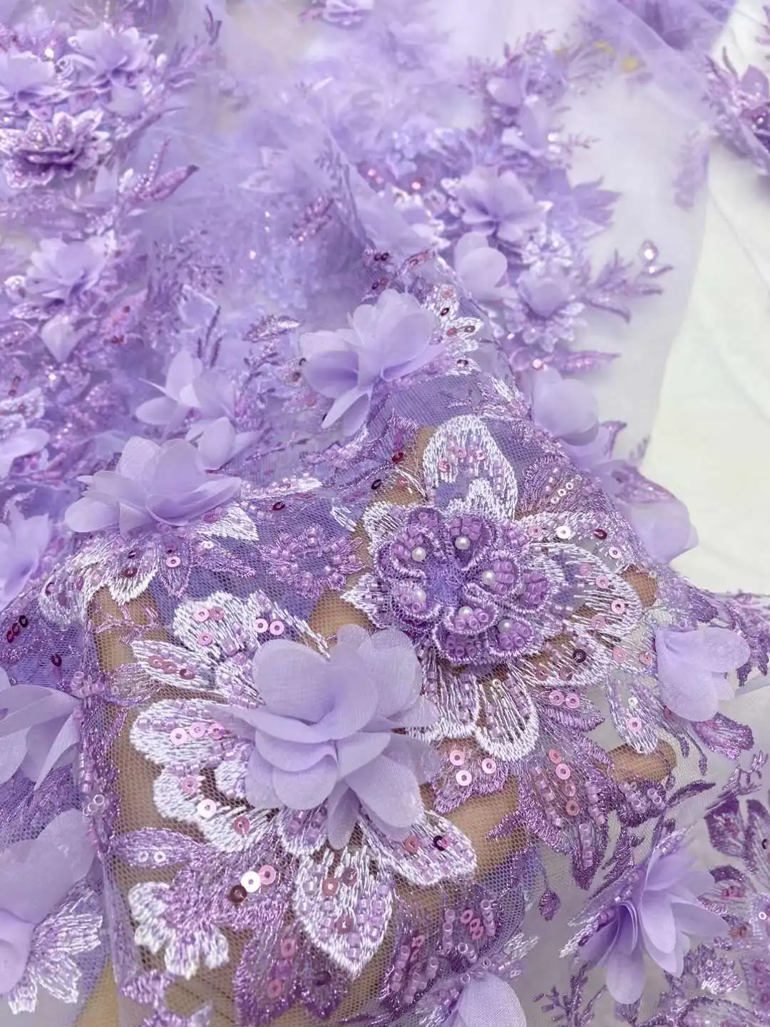アフリカの3D花で刺繍されたレース生地,フランスのメッシュ,キラキラのスパンコール,ナイジェリアのチュール,パーティードレス,最新