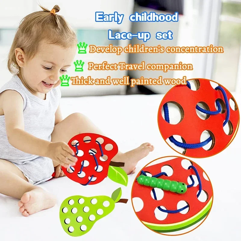 Giocattolo con allacciatura in legno Frutta educativa Attività di infilatura Puzzle Studiare Abilità motoria fine Set di giocattoli per auto per i più piccoli Miglior regalo per bambini