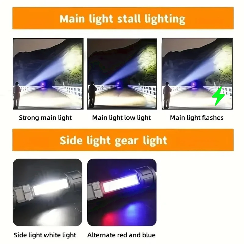 Linterna LED de alta potencia potente linterna COB recargable de TYPE-C con antorcha de luz lateral para acampar al aire libre senderismo