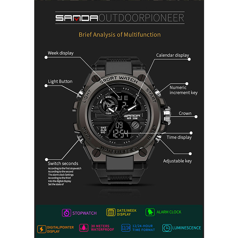 Reloj Digital SANDA estilo G para hombre, relojes deportivos militares con pantalla Dual, reloj de pulsera electrónico resistente al agua, reloj Masculino 739
