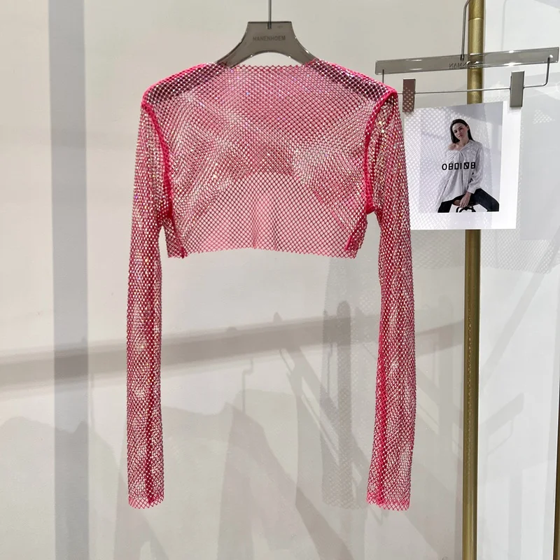 2023 新しいセクシーな明るいダイヤモンドショートトップスリム薄いさんホットドリル長袖 Tシャツセクシーなリークウエストナイトクラブ