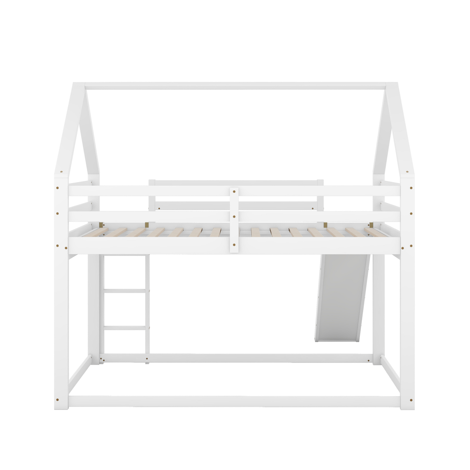 Łóżko piętrowe z litego drewna 140x200 cm, łóżko dziecięce ze zjeżdżalnią i drabinką, podwójne łóżko do zabawy w domu, z zabezpieczeniem przed upadkiem i listwami, białe