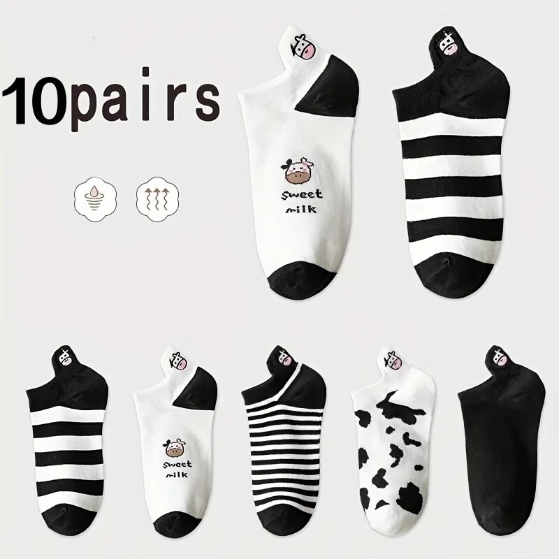 10 paia di calzini da donna Calzini corti con motivo mucca adorabile Calzini con stampa creativa Calzini sportivi casual