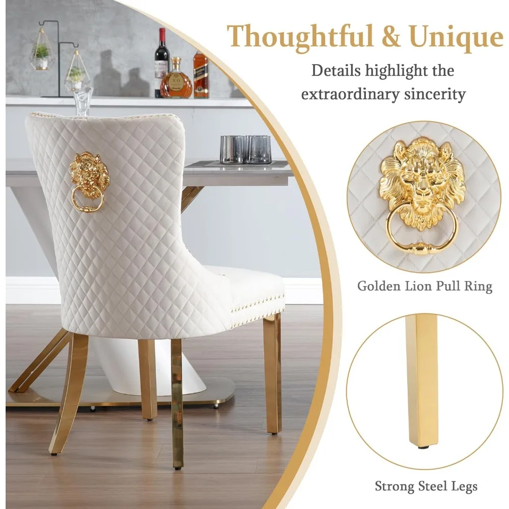 Dining Room Chairs Set of 2,Tufted Upholstered Back Lion Pull Ring, Elegant Rhomboid Pattern Nail Head Trim, Armless Chairs