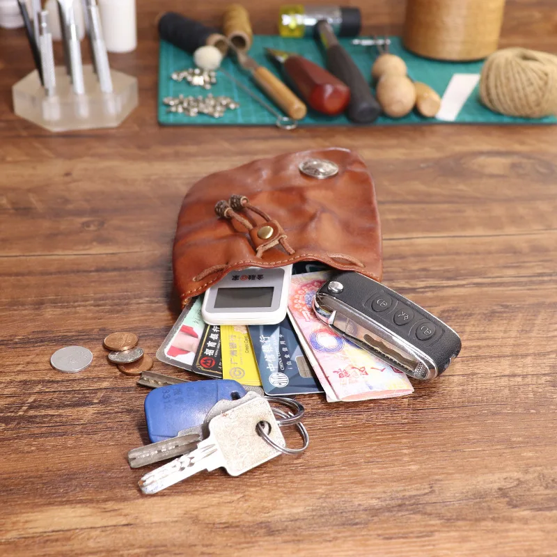 Tas kunci mini vintage wanita dari kulit sapi lapisan pertama yang diolah dengan bahan nabati, tas kartu, dompet koin, tas penyimpanan.