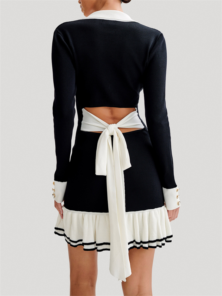 Mini robe en tricot avec nœud à volants pour femme, Cardigan contrasté, dos nu, à lacets, élégante, à bandes, été