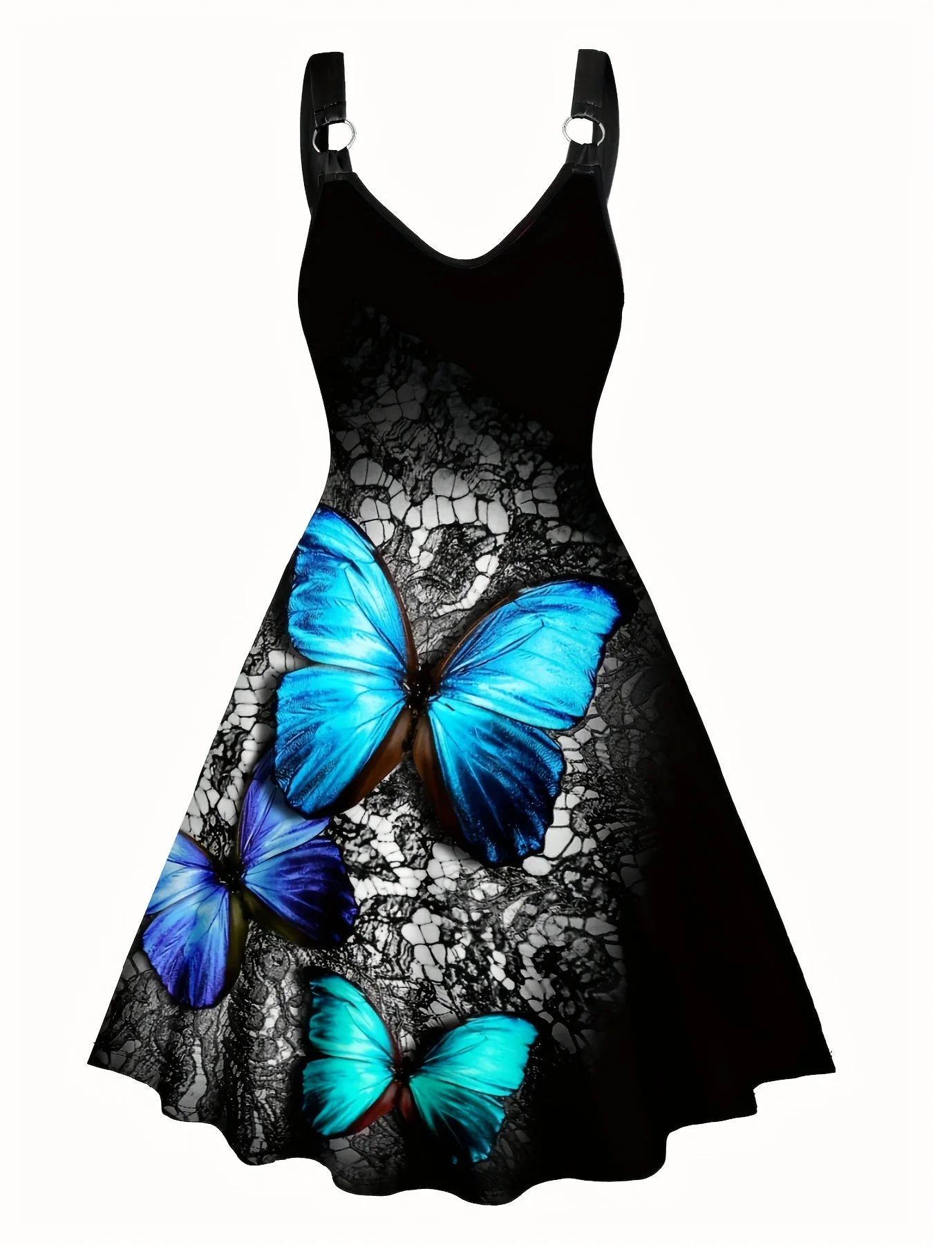 Europäische und amerikanische Mode plus Größe Damen Frühling und Sommer neues Schmetterlingsdruck-Kleid mit V-Ausschnitt ärmelloses A-Linien-Unterhemd dr