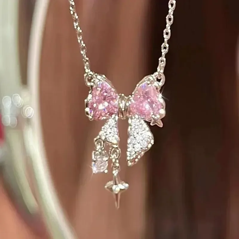 Collares con colgante de nudo de lazo de cristal rosa de Hada a la moda Y2K para niñas, cadena de clavícula con corazón de diamantes de imitación, regalos de joyería para mujeres