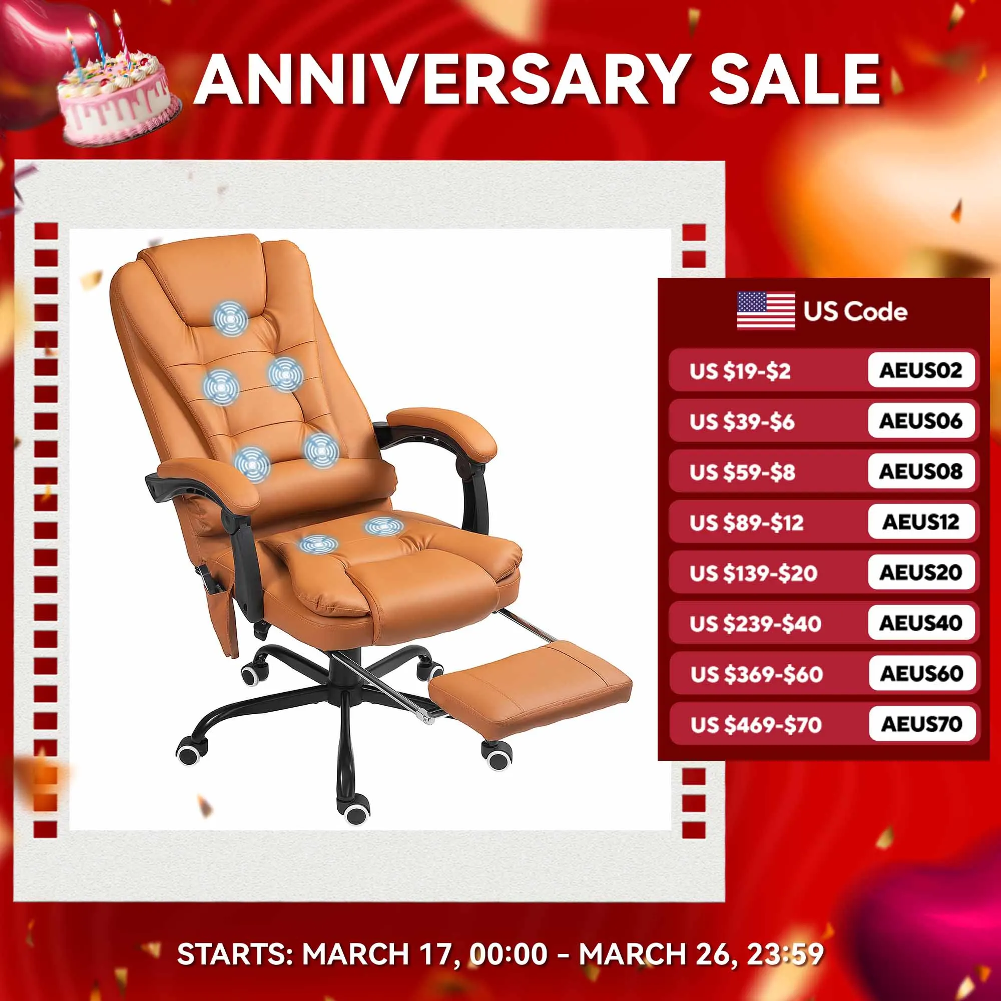 Pu Leather Massage Computer Chair W/ Padded Seat and Adjustable Height, Brown