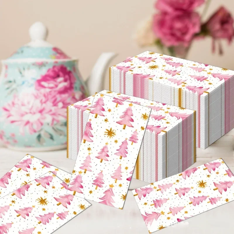 20pcs 33*40cm 2-Ply Large Size Christmas Long Paper Napkins Pink Christmas Tree Printed Colourful Paper Placemats Party Napkins