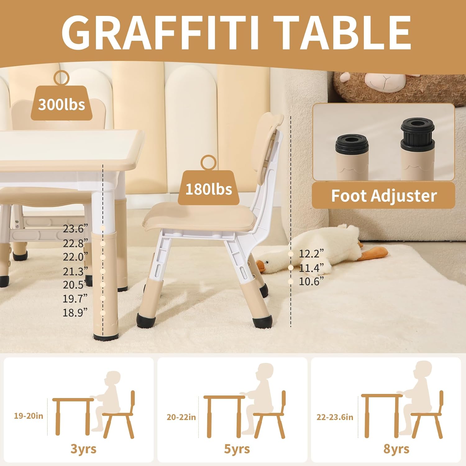 Kids Table and 2 Chairs Set,Height Adjustable Toddler Table and Chairs with Anti-slip Foot Covers,Graffiti Desk for classroom