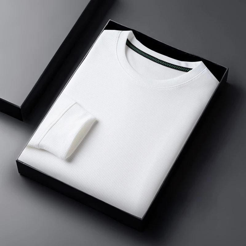 2024 เสื้อยืดคอกลมแขนยาวแฟชั่นลําลองสําหรับบุรุษวาฟเฟิลสบายด้านบน