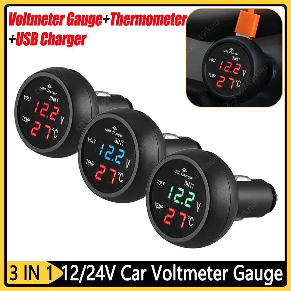 Ładowarka samochodowa 3 w1 12/24V woltomierz termometr USB przełącznik ładowarki Auto LED wyświetlacz cyfrowy Monitor miernik prądu wykrywacz napięcia