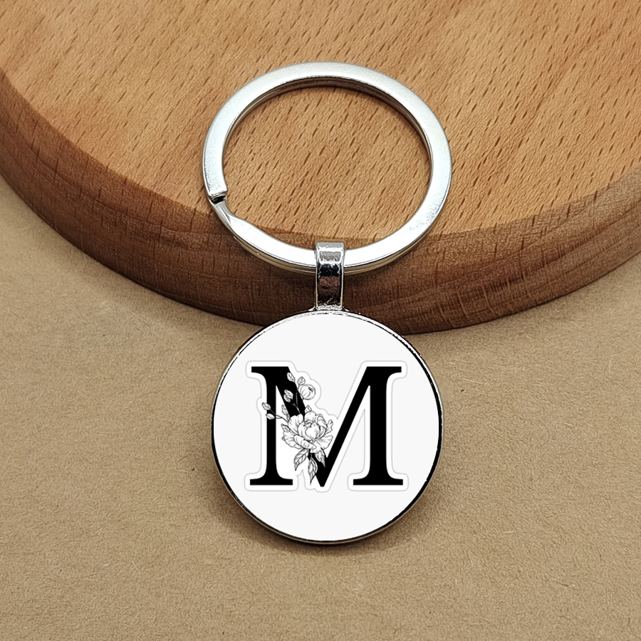 Gantungan Kunci kaca bulat dengan desain huruf bahasa Inggris yang dipersonalisasi