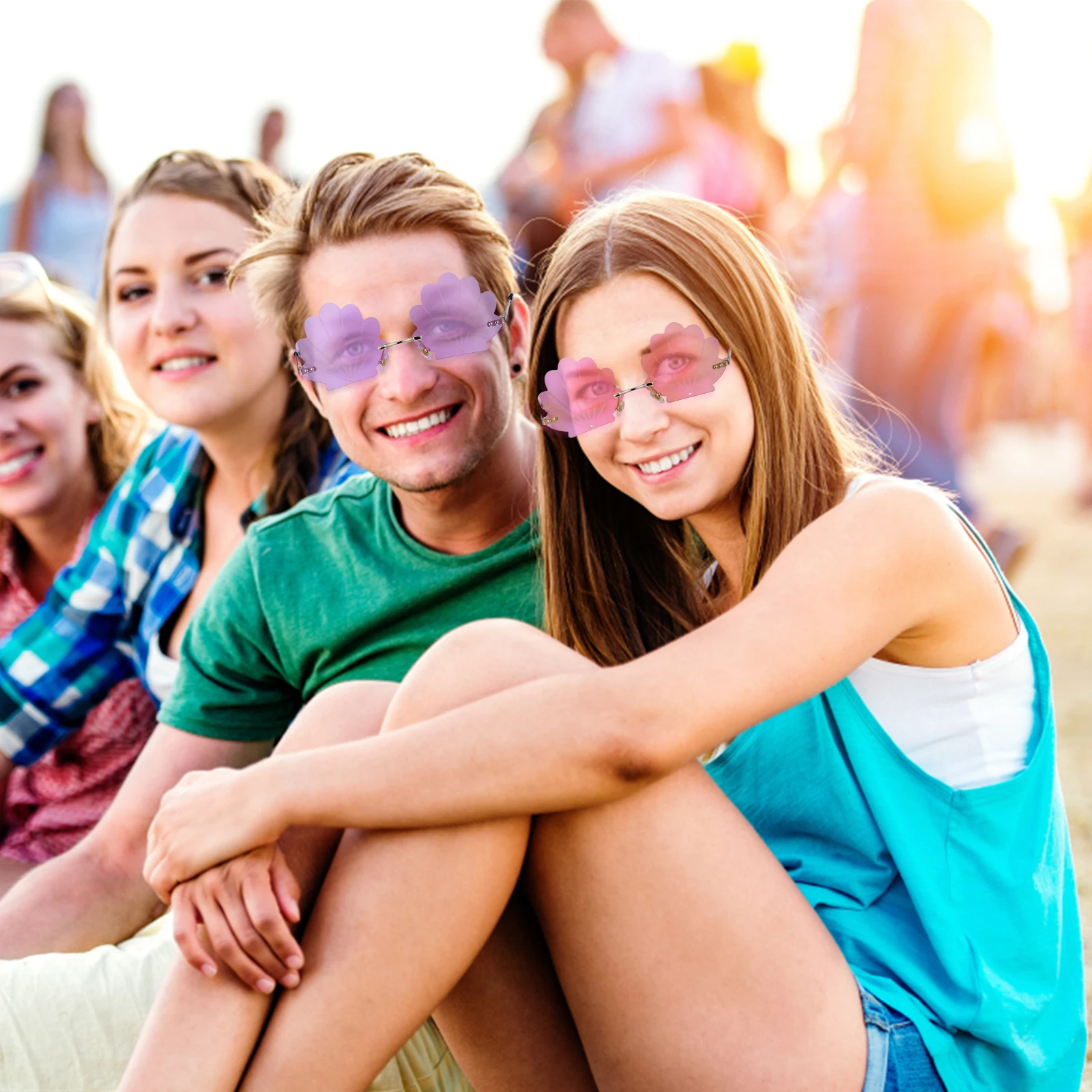 Randlose Muschelbrille, goldener Rahmen, rosa Flocken, lila, blaues Licht, Foto-Sonnenbrille, modische Requisiten, lustige Brillen, Party, Frauen, Reisen