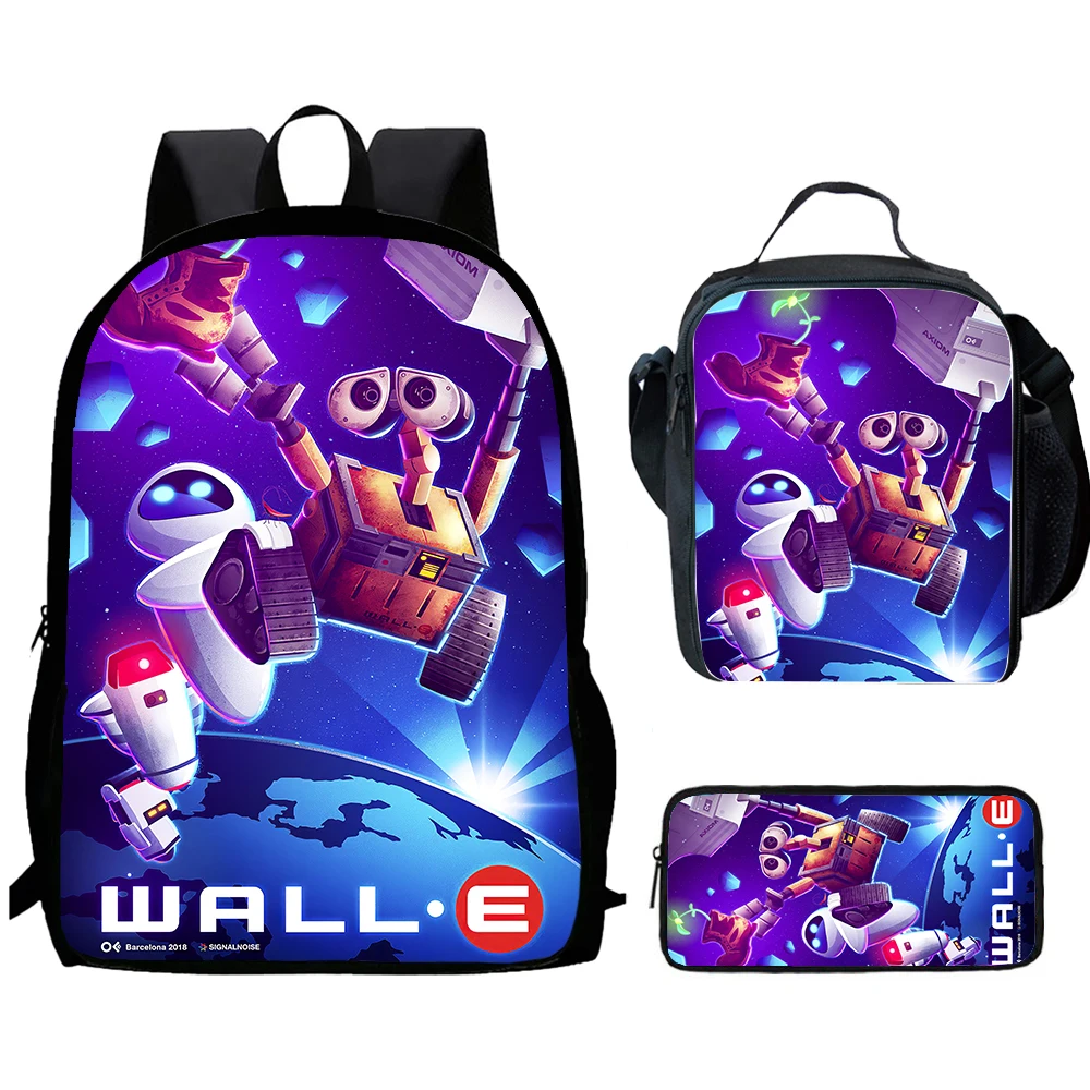 Cartoon Wall-E Kinder-Schulrucksack mit Lunchtaschen, Bleistiftbeutel für Kinder im Alter von 4–9, leichte Schultaschen für Jungen und Mädchen
