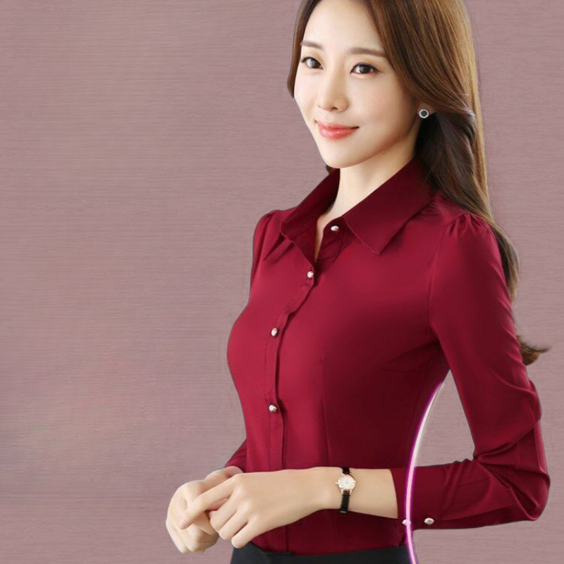 Rote Damen-Hemd-Langarmbluse, Herbst-Damenhemden und Blusen, koreanische Mode, schlankes Business-Hemd, Damen-Arbeitshemd