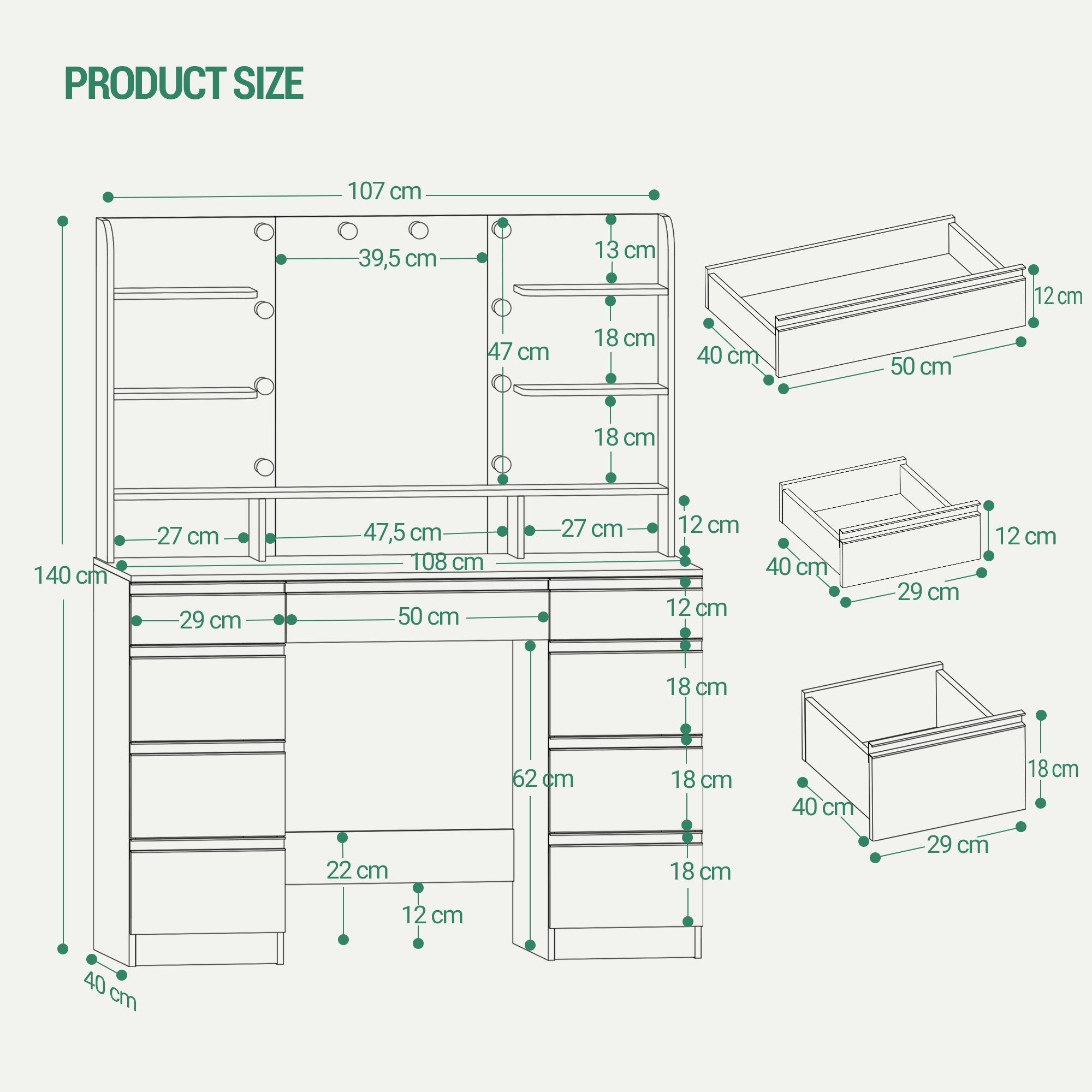 Hzuaneri Tocador con 10 bolas de luz LED, brillo ajustable, espejo HD grande, 1 cajón grande y 8 gabinetes de cajones pequeños