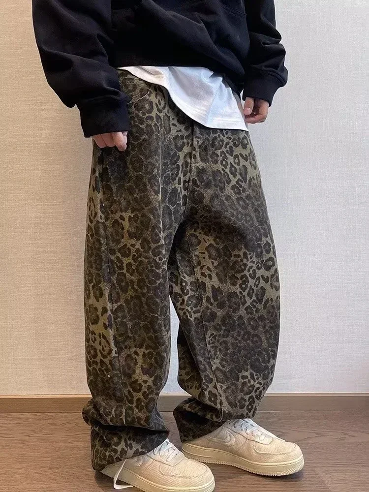 Tan Leopard Jeans 남성 데님 바지 남성 특대 넓은 다리 바지 streetwear 힙합 빈티지 의류 루즈 캐주얼