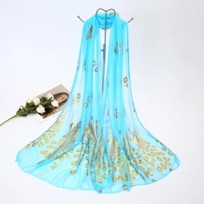 Ultra-thin and Soft Beach Scarf with Golden Peacock Feather Print for Travel and Vacation Sun Protection Shawl