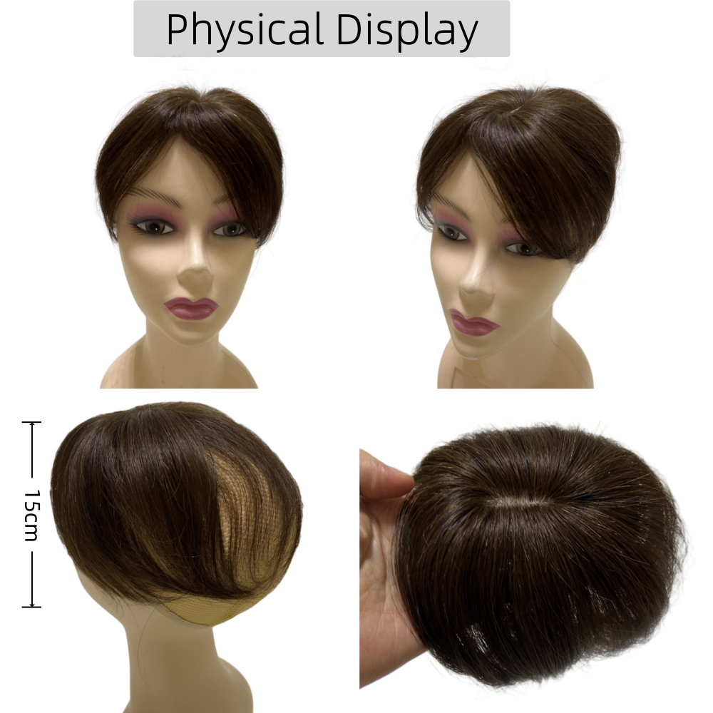 Topper de cabelo humano curto e reto, 6 polegadas, parte intermediária, pequeno e fino, franja para perda de cabelo suave para mulheres e homens